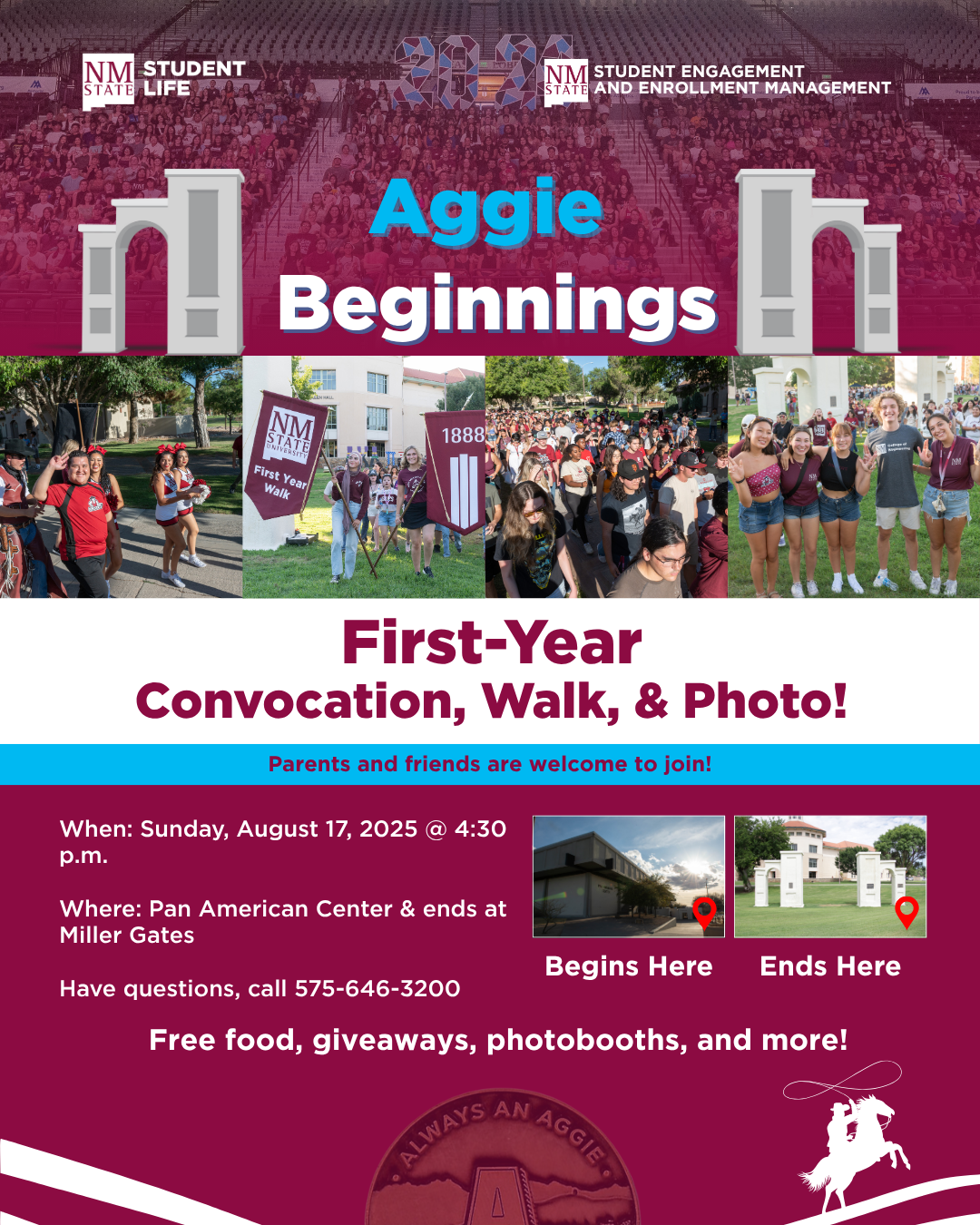 Promotional poster for the Aggie Beginnings event, featuring details about the first-year convocation, walk, and photo opportunity at New Mexico State University.