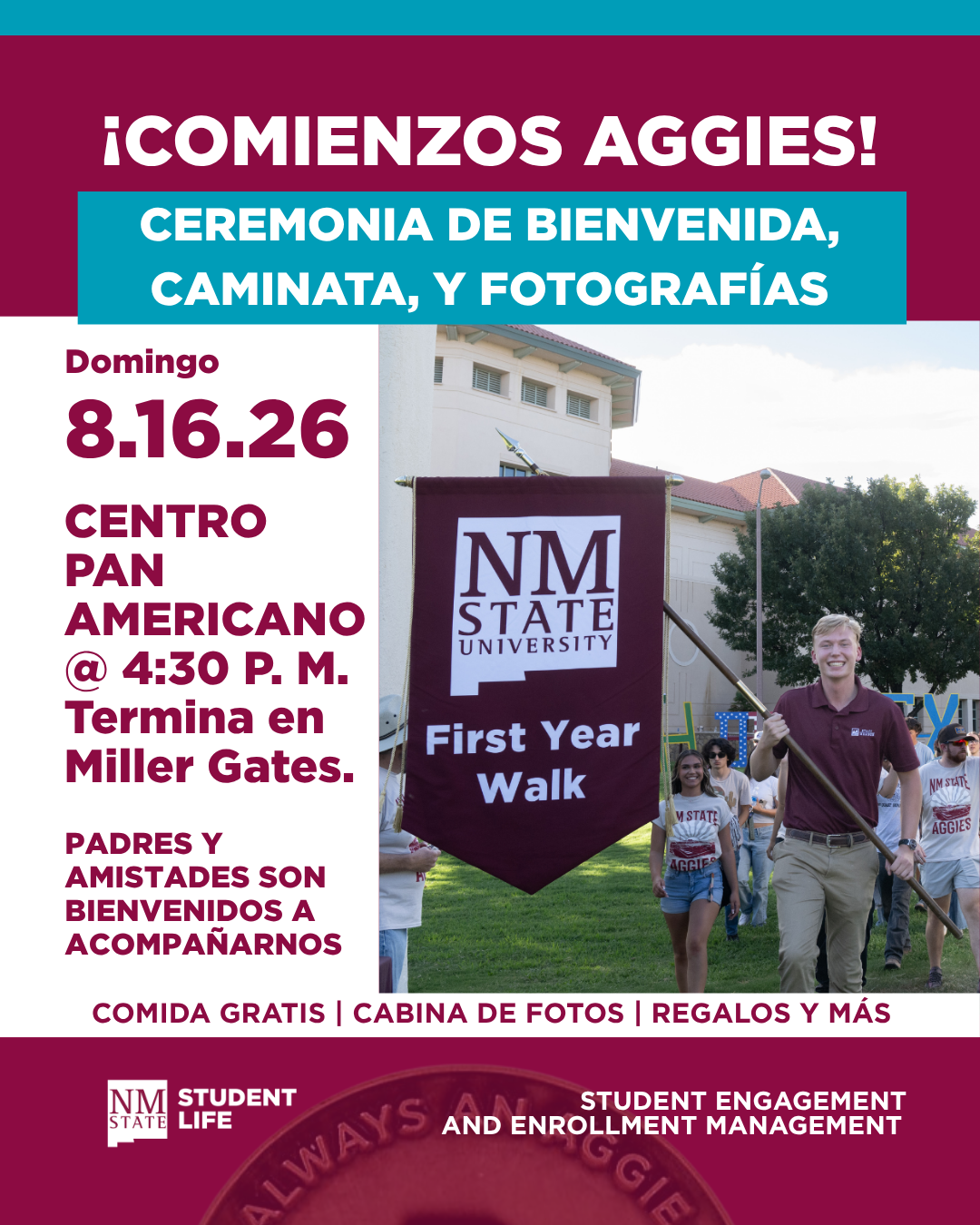 Promotional poster for the Aggie Beginnings event, featuring details about the first-year convocation, walk, and photo opportunity at New Mexico State University.