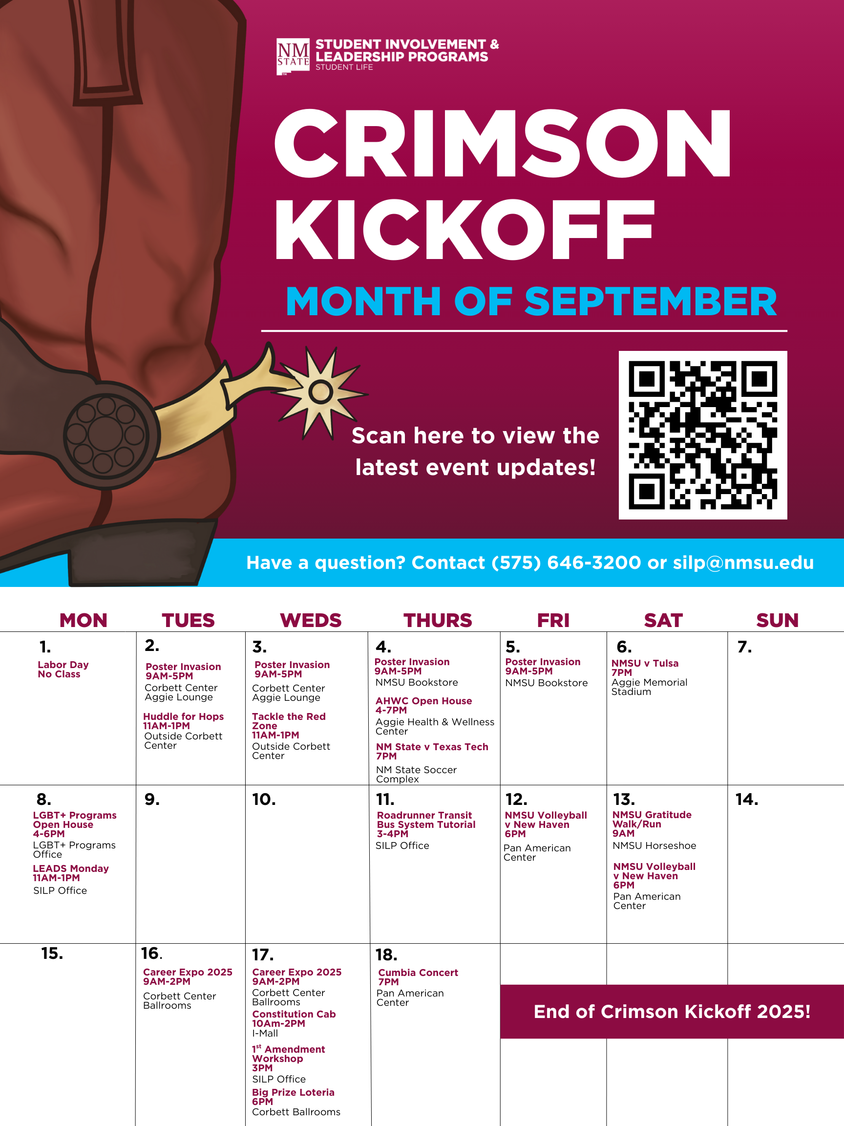 Crimson Kickoff event schedule for September at NMSU, highlighting activities and dates throughout the month.