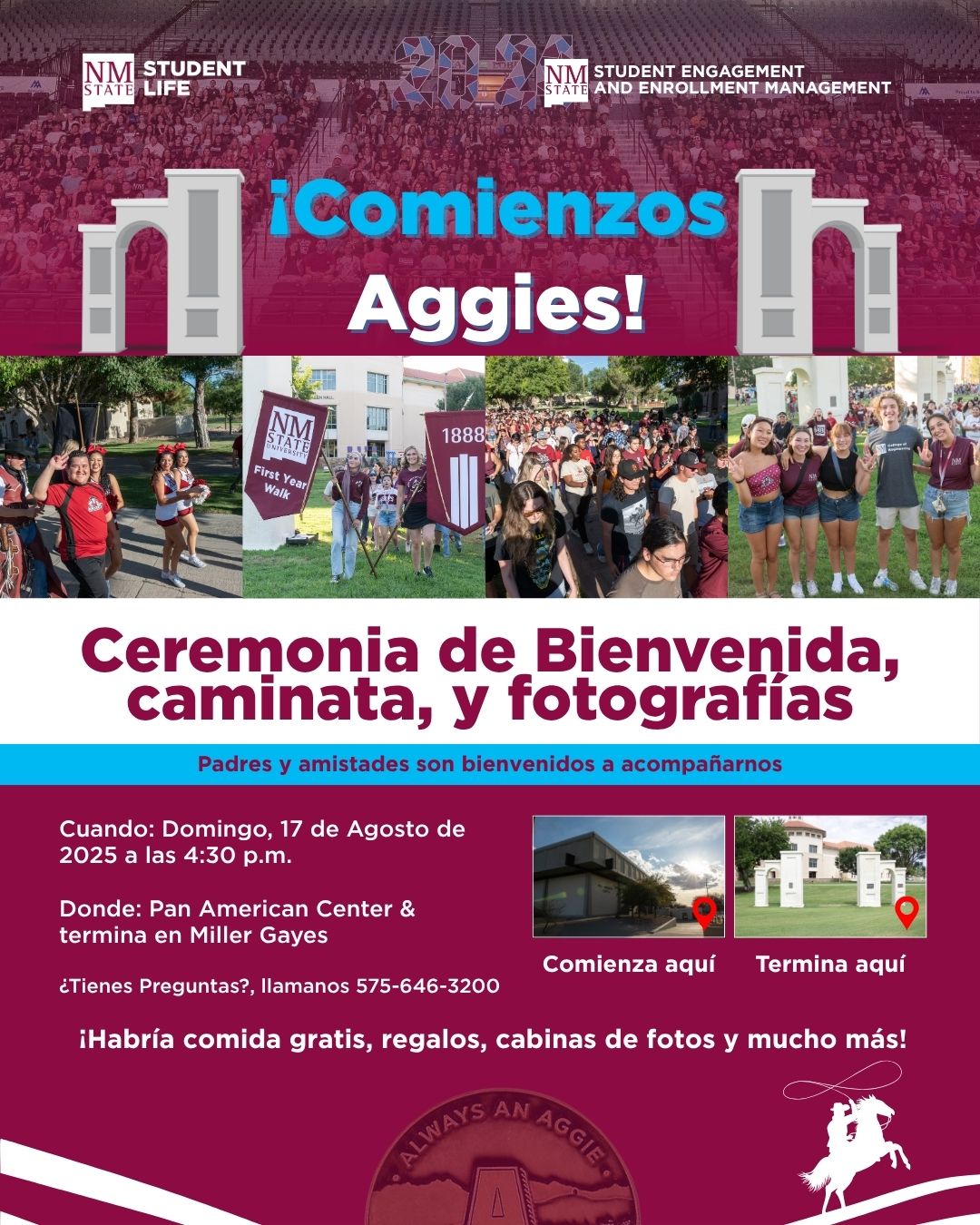 Promotional poster for the Aggie Beginnings event, featuring details about the first-year convocation, walk, and photo opportunity at New Mexico State University.